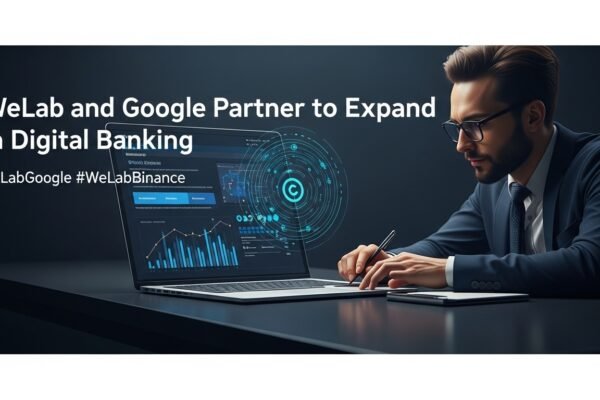 WeLab CEO Simon Loong and Google Hong Kong MD Michael Yue shaking hands, with AI-related graphics in the background, signifying their partnership.