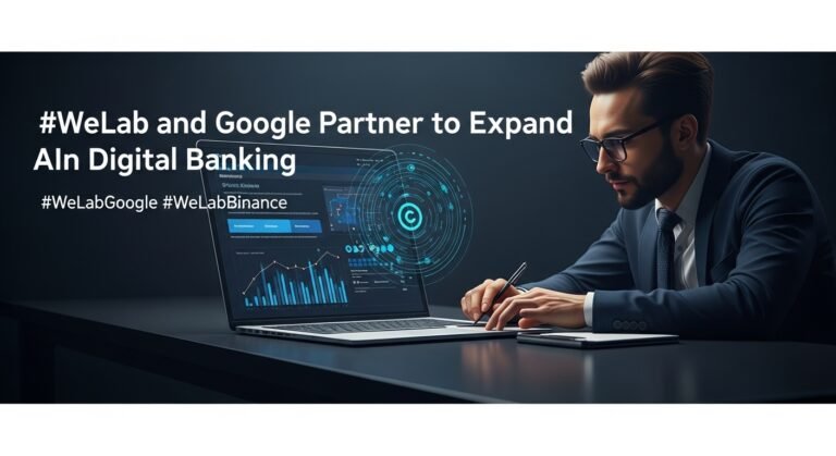 WeLab CEO Simon Loong and Google Hong Kong MD Michael Yue shaking hands, with AI-related graphics in the background, signifying their partnership.