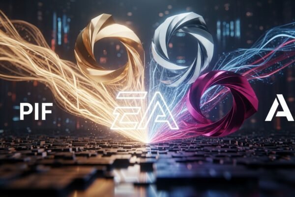 A stylized image representing Electronic Arts' diverse gaming franchises, like Madden NFL and The Sims, coming together under a new, powerful ownership consortium banner.