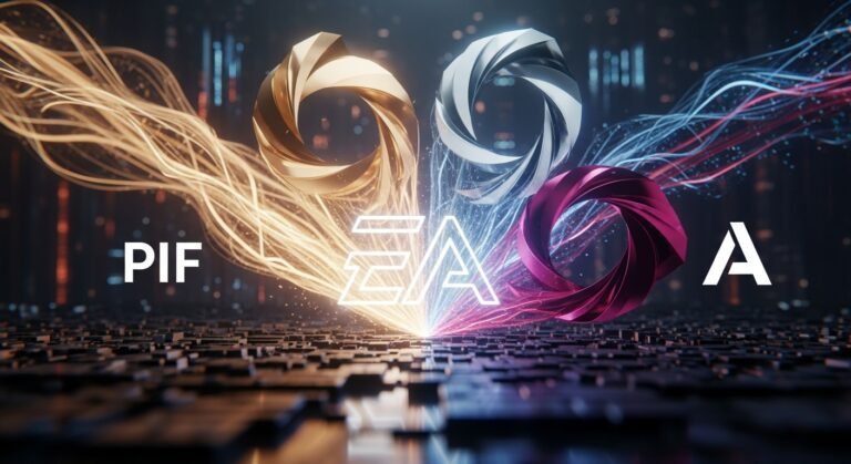 A stylized image representing Electronic Arts' diverse gaming franchises, like Madden NFL and The Sims, coming together under a new, powerful ownership consortium banner.