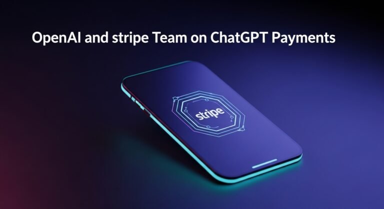 An illustration depicting the ChatGPT interface with payment elements and a Stripe logo, symbolizing the new 'Instant Checkout' feature for AI-driven commerce.
