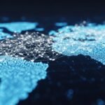 An illustration depicting Swift's global network with blockchain technology, showing interconnected financial institutions and fast cross-border payments.