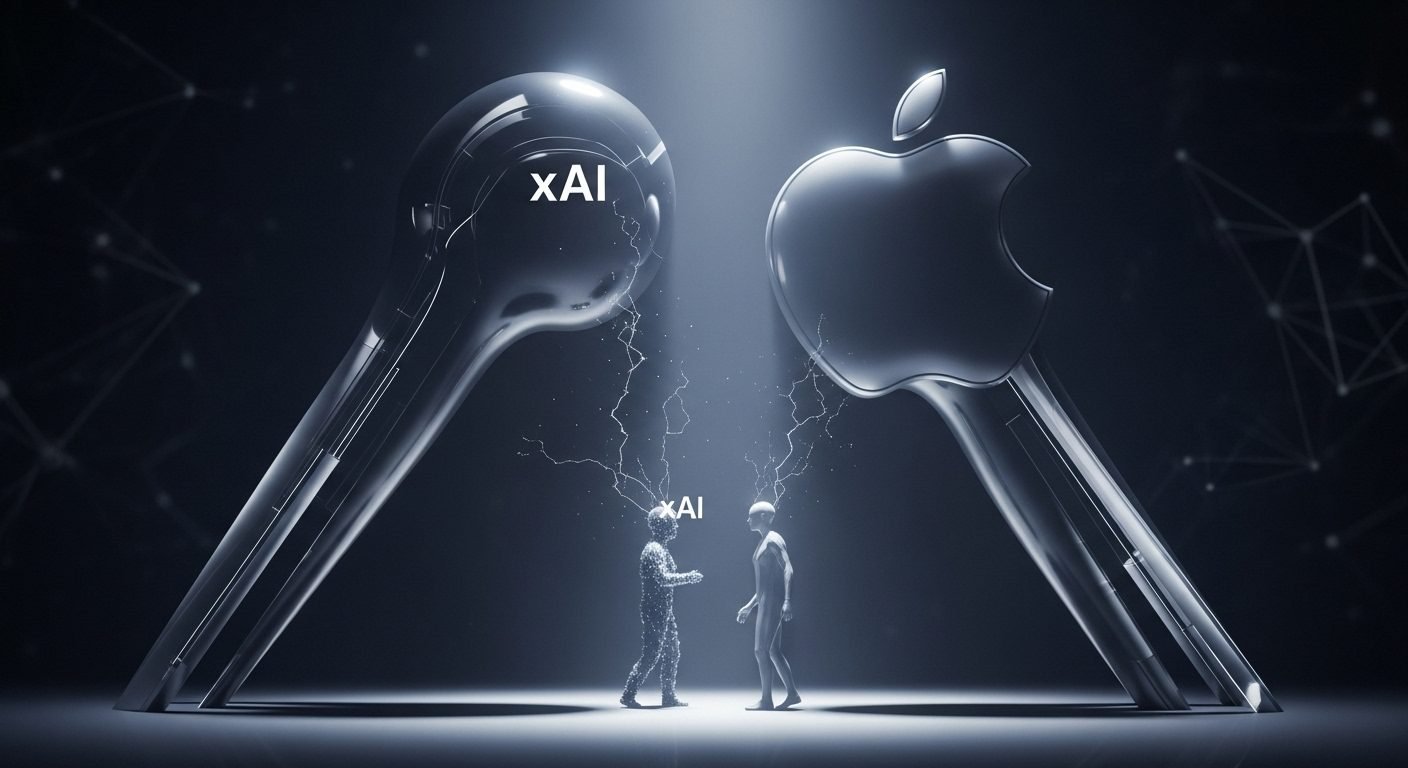 Illustration of xAI, Apple, and OpenAI logos clashing, representing a lawsuit over AI monopoly.