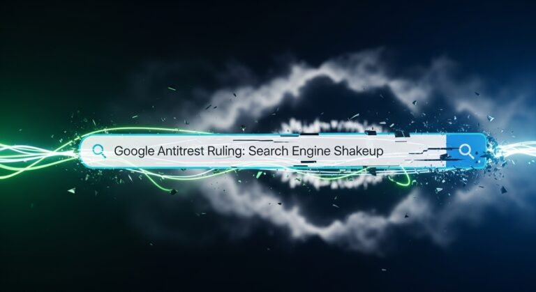 A gavel striking a sound block with the Google logo in the background, symbolizing the Google antitrust ruling and its impact on the tech industry.