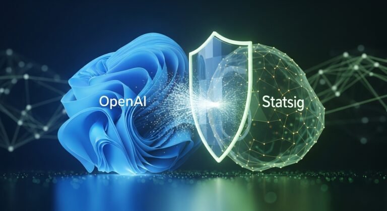 A stylized image representing the integration of OpenAI and Statsig logos, with security protocols and regulatory symbols overlaid, indicating the focus on AI security and policy after the acquisition.