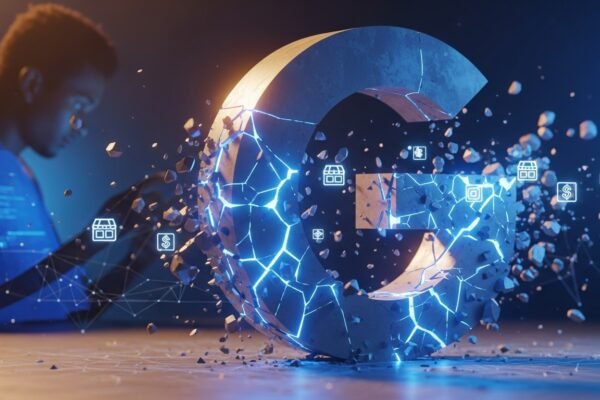 A stylized image representing digital search, with a magnifying glass over various app icons and a small business owner looking at a laptop, symbolizing the impact of the Google antitrust ruling on everyday users and small businesses.