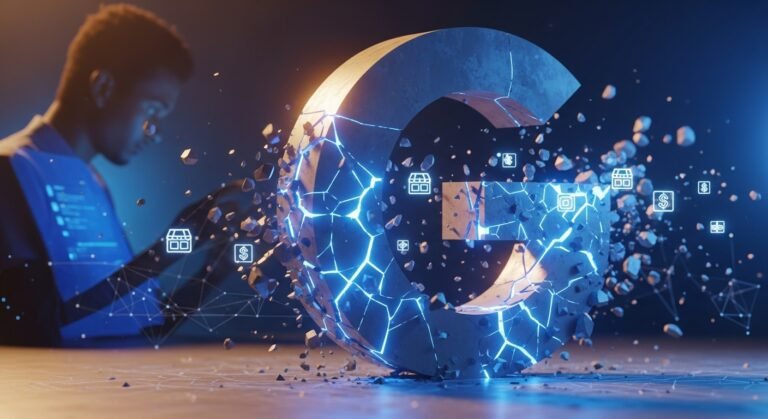 A stylized image representing digital search, with a magnifying glass over various app icons and a small business owner looking at a laptop, symbolizing the impact of the Google antitrust ruling on everyday users and small businesses.