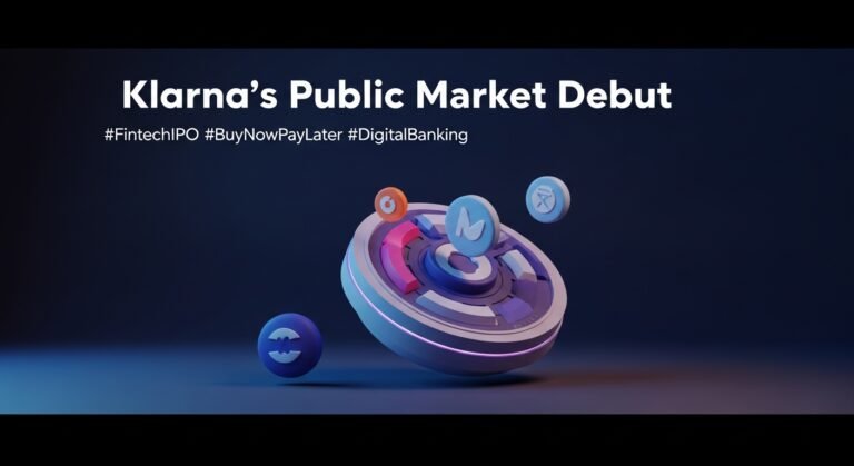 Klarna IPO with stock chart background and Klarna logo, symbolizing the fintech company's public market debut.