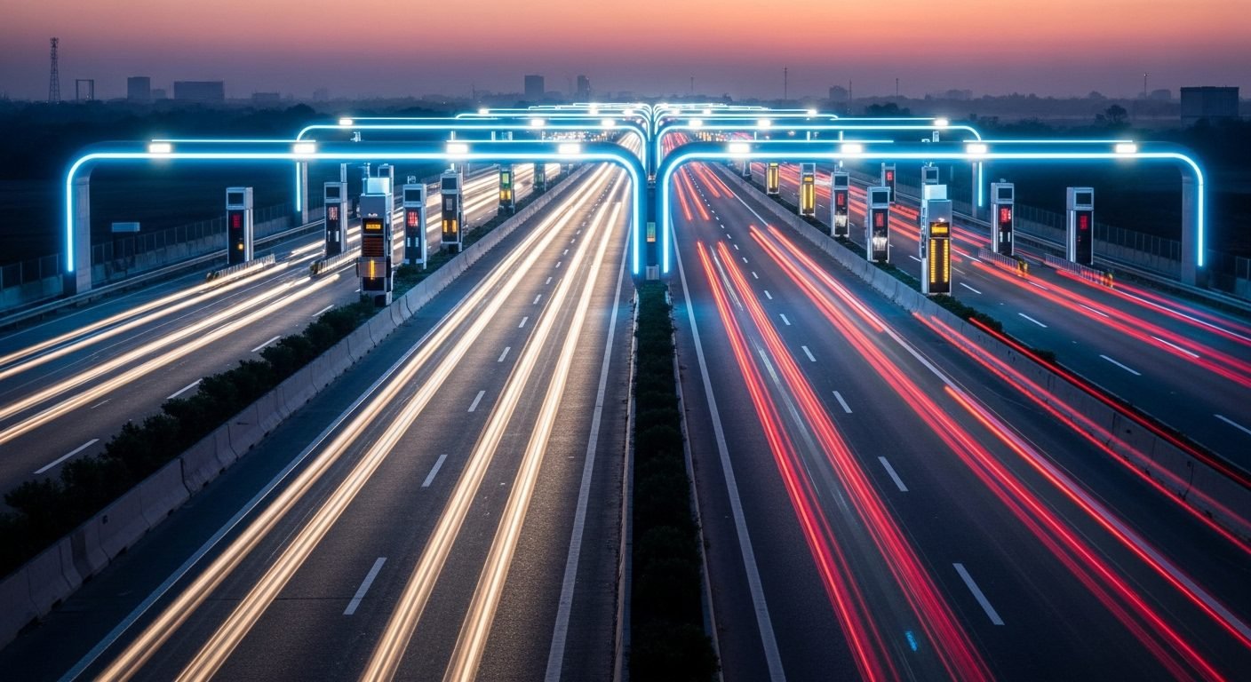 Vehicles passing seamlessly through a multi-lane free flow tolling system in India with FASTag sensors, representing modern highway infrastructure.