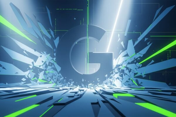 Image depicting the Google logo with abstract elements representing legal scales and AI algorithms, reflecting the antitrust ruling and generative AI's influence.