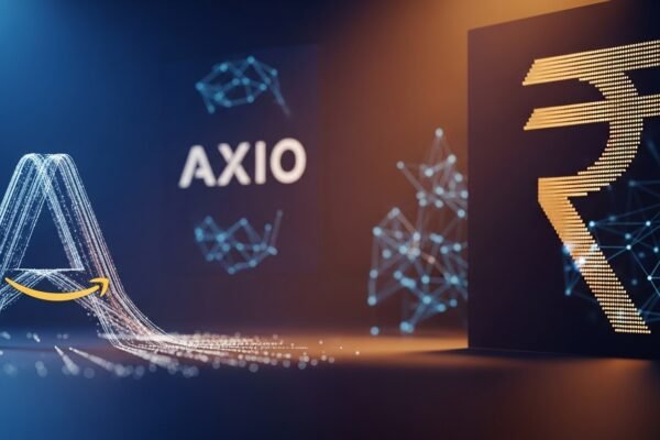 A graphic depicting Amazon and Axio logos converging, symbolizing the acquisition, with a backdrop of digital finance elements and the Reserve Bank of India (RBI) emblem, representing regulatory oversight.