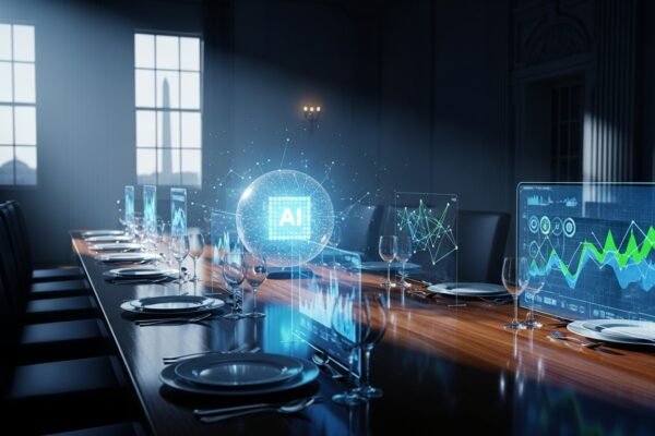 President Donald Trump and top tech CEOs discussing AI at the White House State Dining Room, emphasizing U.S. technology leadership.