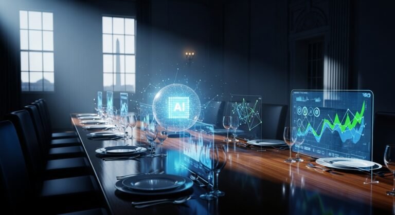 President Donald Trump and top tech CEOs discussing AI at the White House State Dining Room, emphasizing U.S. technology leadership.