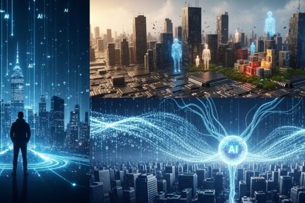 A person looking at a digital screen showing AI code and job market graphs, symbolizing the impact of AI on employment.