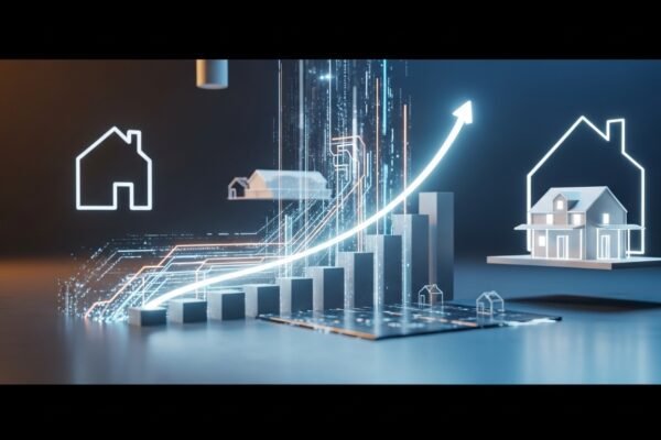A futuristic graphic depicting intertwined gears representing finance and technology, with stock charts showing upward trends for Affirm and Opendoor.