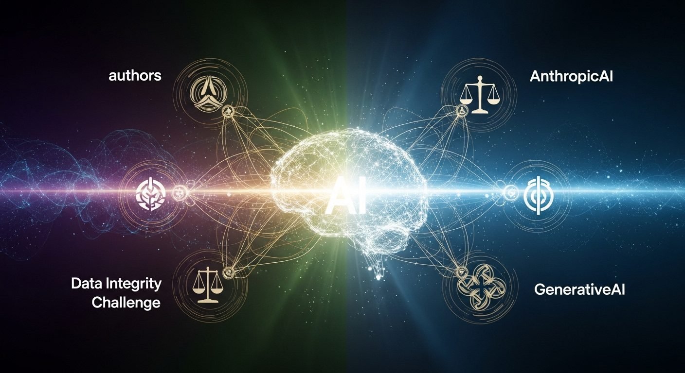 A conceptual image illustrating data integrity, with intertwined digital lines representing AI training data and copyright symbols, set against a backdrop of financial charts.