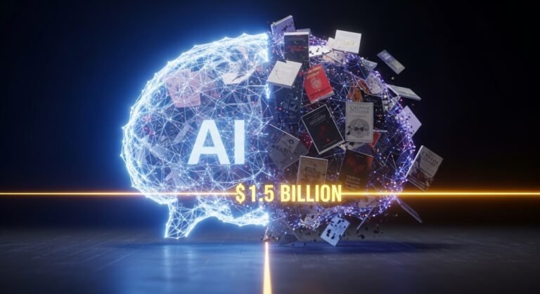 A graphic depicting data flowing from books into an AI model, with a large dollar sign overlay, representing the Anthropic copyright settlement.