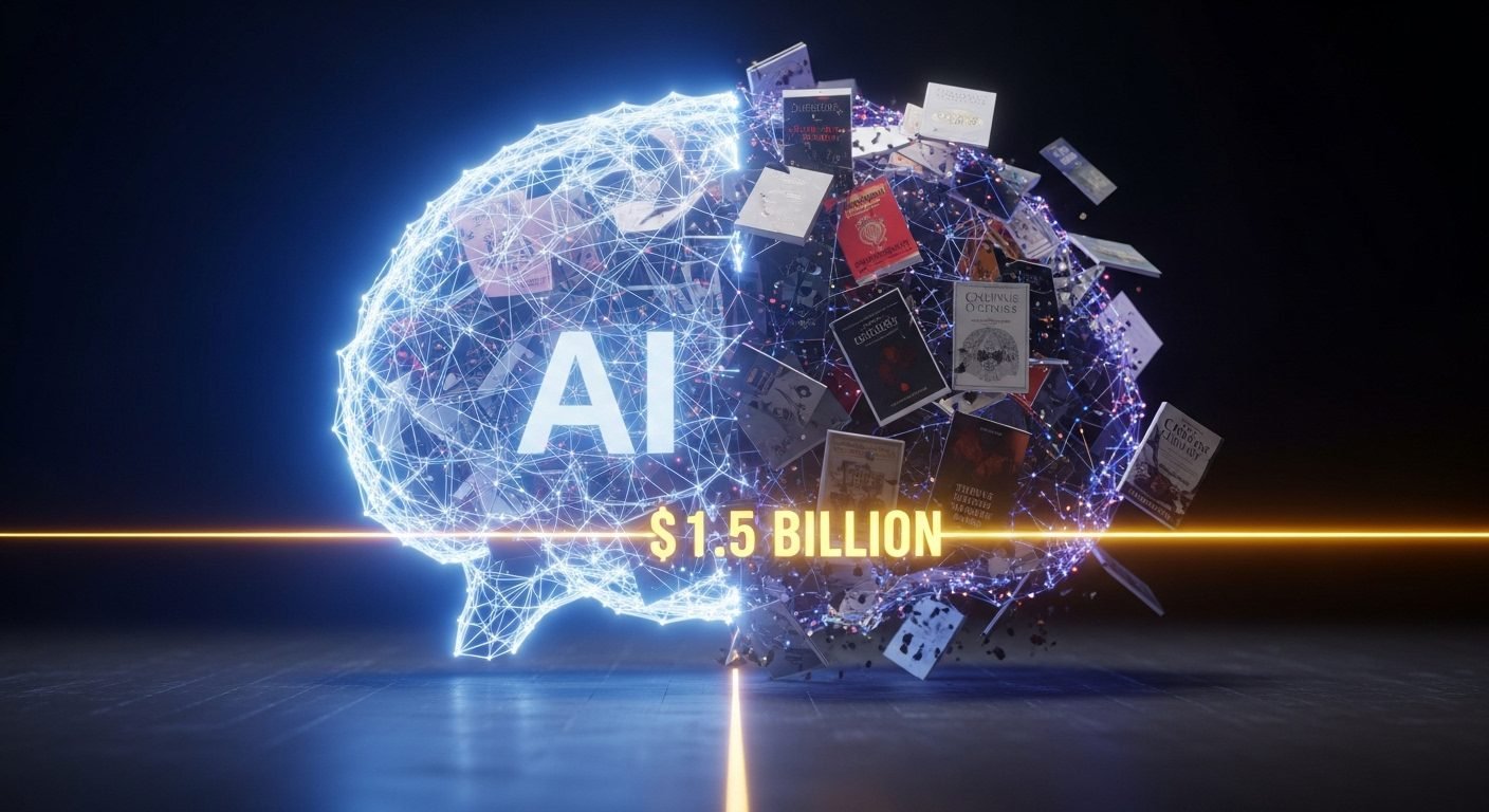 A graphic depicting data flowing from books into an AI model, with a large dollar sign overlay, representing the Anthropic copyright settlement.