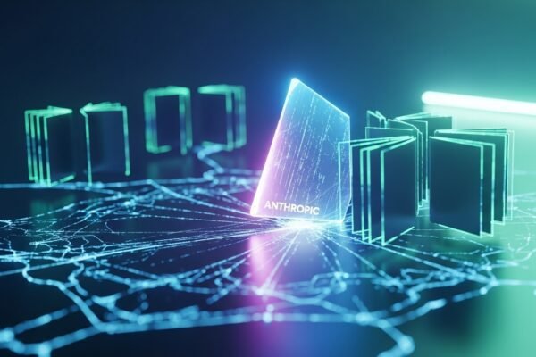 A stylized image depicting a digital ledger balancing scales between AI algorithms and stacks of books, representing copyright and data acquisition.
