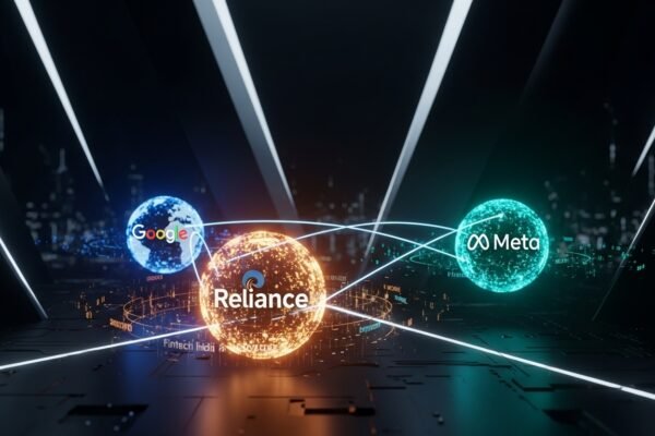 Mukesh Ambani announcing Reliance Intelligence and AI partnerships with Google and Meta, symbolizing India's digital future.