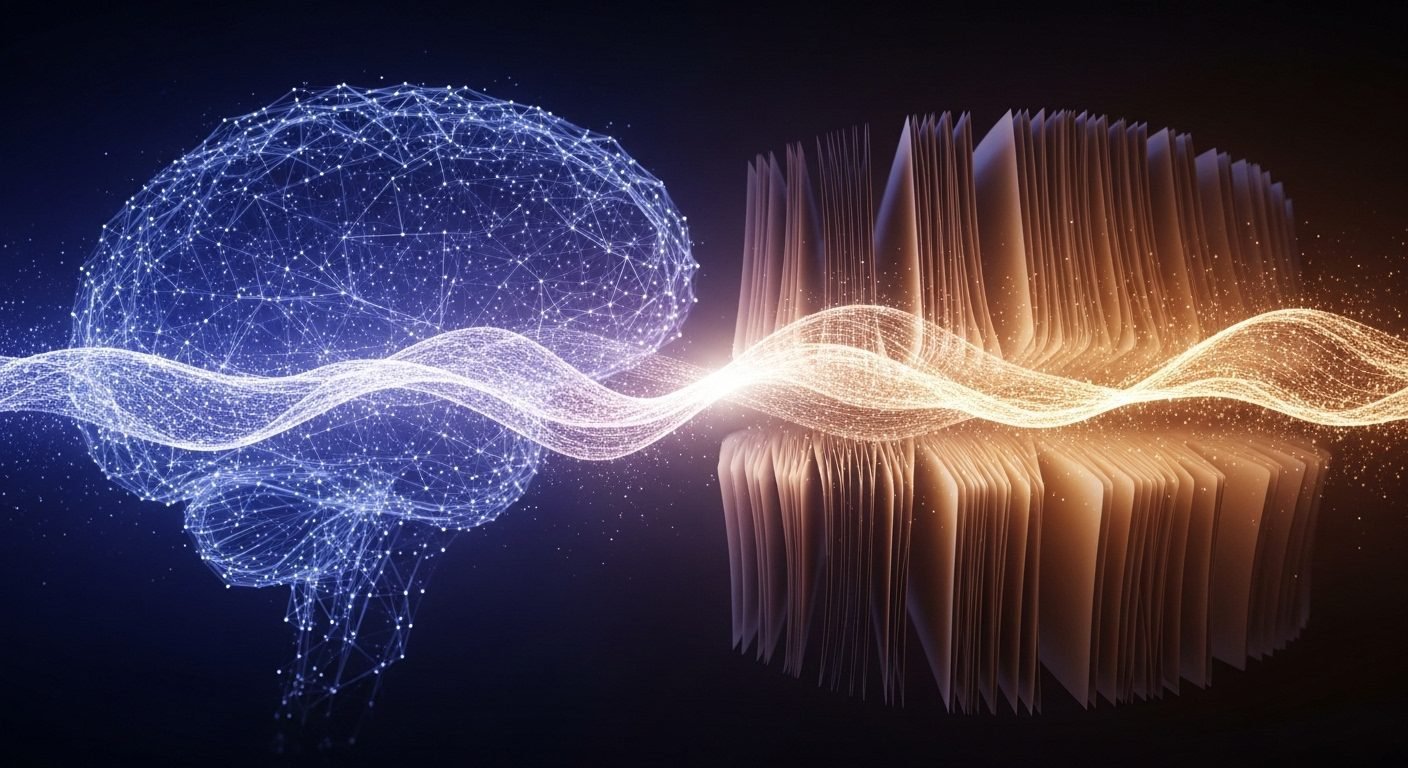Illustration of AI data points and legal scales, representing Anthropic's copyright settlement.