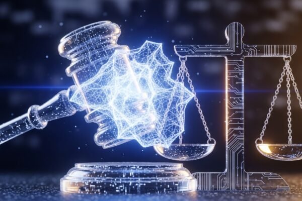 A gavel striking a sound block with a digital representation of AI neural networks in the background, symbolizing the Anthropic AI copyright settlement.