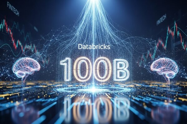 Databricks logo with a graphic representing artificial intelligence and data, symbolizing their $100 billion valuation and AI strategy.