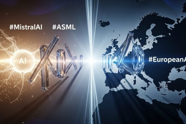 A graphic depicting interconnected AI and semiconductor chips, symbolizing the collaboration between Mistral AI and ASML, with a focus on European innovation.
