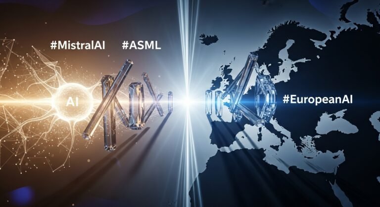 A graphic depicting interconnected AI and semiconductor chips, symbolizing the collaboration between Mistral AI and ASML, with a focus on European innovation.