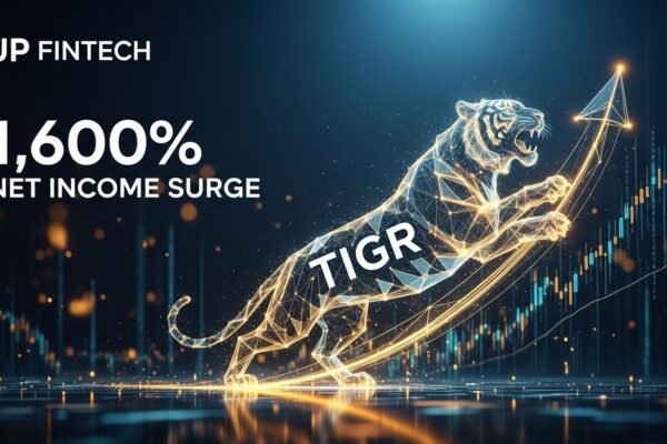 A stylized graphic representing UP Fintech's (TIGR) financial report with charts, highlighting growth and regulatory considerations in Q2 2025.