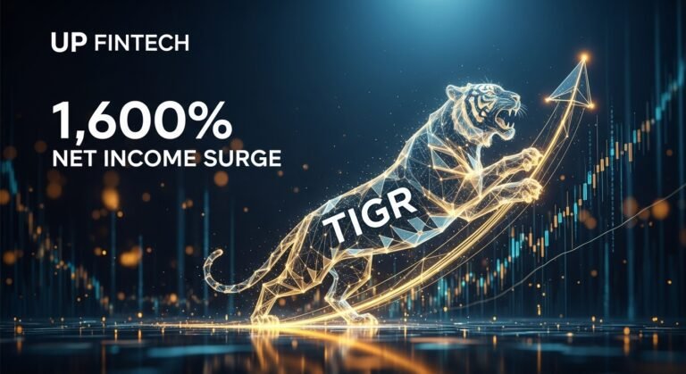 A stylized graphic representing UP Fintech's (TIGR) financial report with charts, highlighting growth and regulatory considerations in Q2 2025.