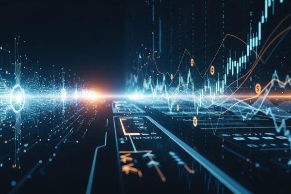 Digital wallet and AI circuit board representing the intersection of fintech and artificial intelligence, with graphs showing market volatility.