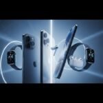 Close-up of new Apple iPhone 17, iPhone Air, Apple Watch Series 11, and AirPods Pro 3 displaying innovative features.