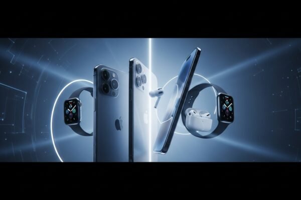 Close-up of new Apple iPhone 17, iPhone Air, Apple Watch Series 11, and AirPods Pro 3 displaying innovative features.