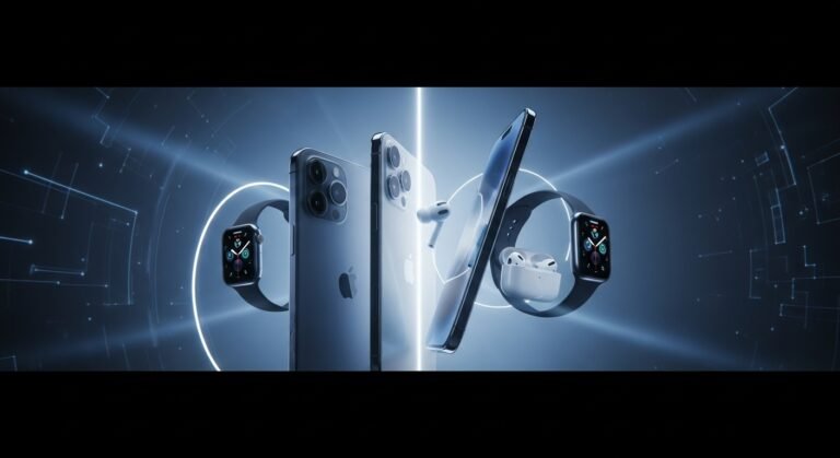 Close-up of new Apple iPhone 17, iPhone Air, Apple Watch Series 11, and AirPods Pro 3 displaying innovative features.