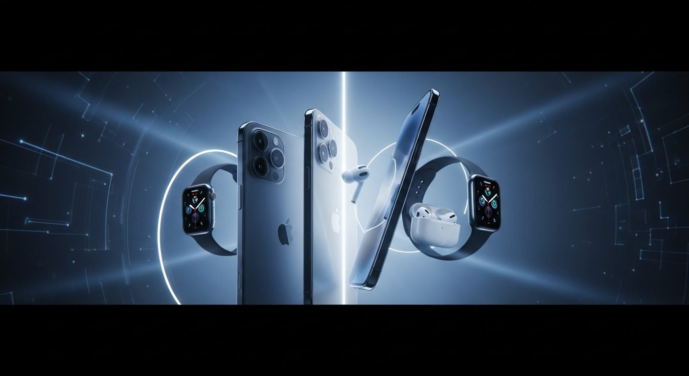 Close-up of new Apple iPhone 17, iPhone Air, Apple Watch Series 11, and AirPods Pro 3 displaying innovative features.