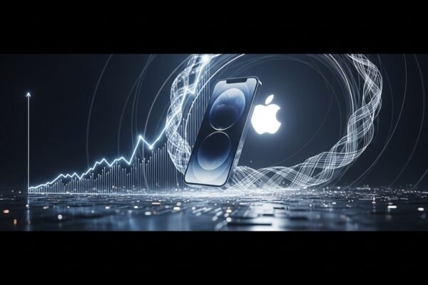 Close-up of the new iPhone 17 Pro in cosmic orange, emphasizing its sleek design and camera array, symbolizing Apple's latest technological and market strategy.