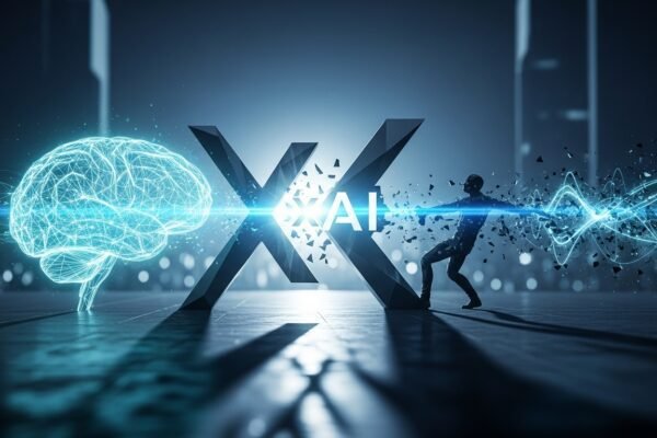 Elon Musk's xAI logo juxtaposed with an abstract representation of intellectual property and trade secrets, reflecting the Grok AI lawsuit.