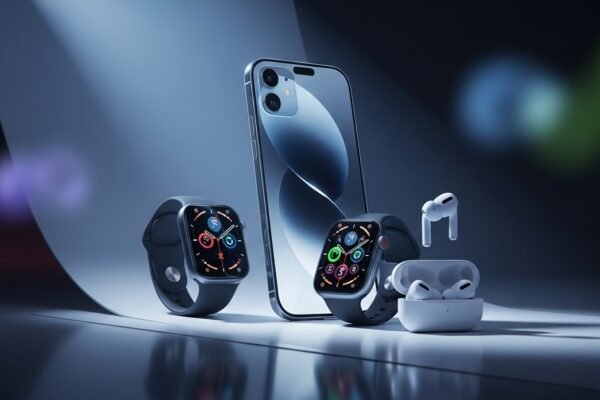 Close-up of new iPhone Air, Apple Watch Series 11, and AirPods Pro 3 from Apple's 'Awe Dropping' event, highlighting sleek design and advanced features.