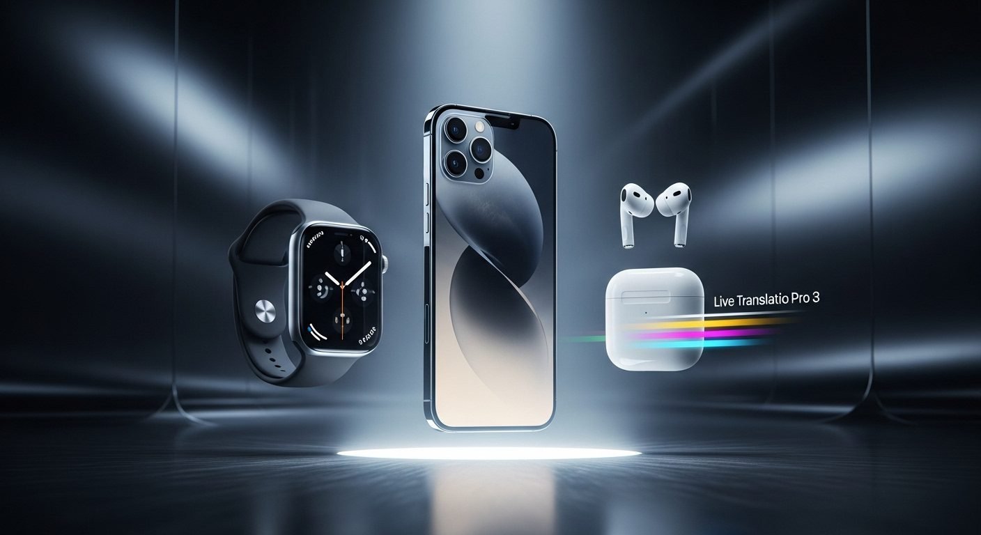 Close-up of the new ultra-slim iPhone Air alongside the Apple Watch Series 11 and AirPods Pro 3, highlighting Apple's 2025 consumer tech innovations.