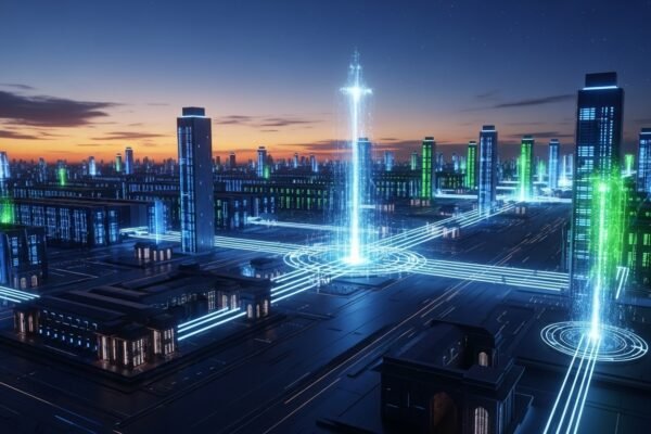 OpenAI’s Gigawatt Play in India: A Strategic Deep Dive into the Stargate Initiative Aerial view of a large, futuristic data center with a graphic overlay of circuit board lines, symbolizing OpenAI's gigawatt data center in India.