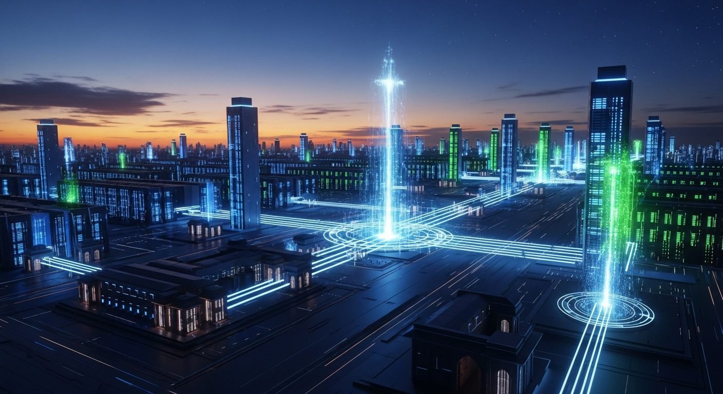 Aerial view of a large, futuristic data center with a graphic overlay of circuit board lines, symbolizing OpenAI's gigawatt data center in India.