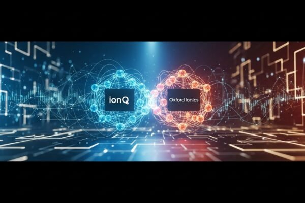 A conceptual image illustrating the convergence of IonQ and Oxford Ionics quantum technologies, featuring entangled qubits and advanced chip designs, signifying the future of quantum computing.