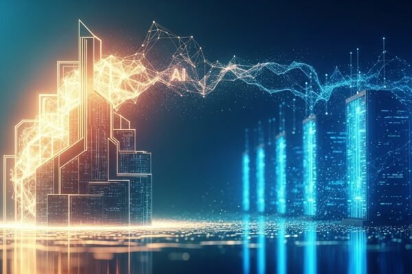 A stylized image representing AI algorithms and data centers, with a focus on a map of the UK and global connections, symbolizing OpenAI's strategic investments and corporate restructuring.