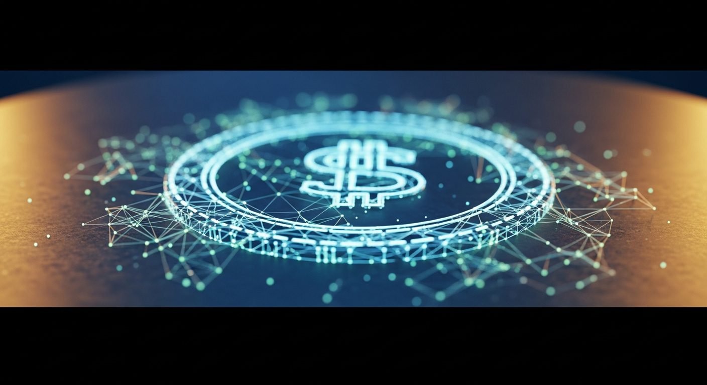 Illustration of digital dollars flowing through a banking network, representing Zelle's stablecoin initiative.