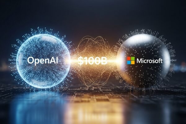 Illustration showing OpenAI and Microsoft logos intertwined with dollar signs and AI neural network graphics, representing their $100 billion equity restructuring deal.