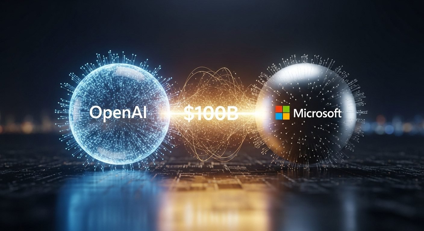 Illustration showing OpenAI and Microsoft logos intertwined with dollar signs and AI neural network graphics, representing their $100 billion equity restructuring deal.