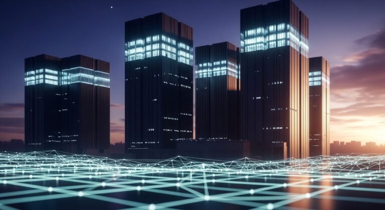 An illustration representing BlackRock's $700 million investment in UK data centers, featuring digital infrastructure and network connections.