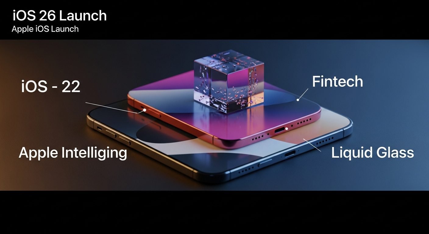 An abstract depiction of Apple's 'Liquid Glass' design language with shimmering, translucent elements, showcasing the iOS 26 interface.