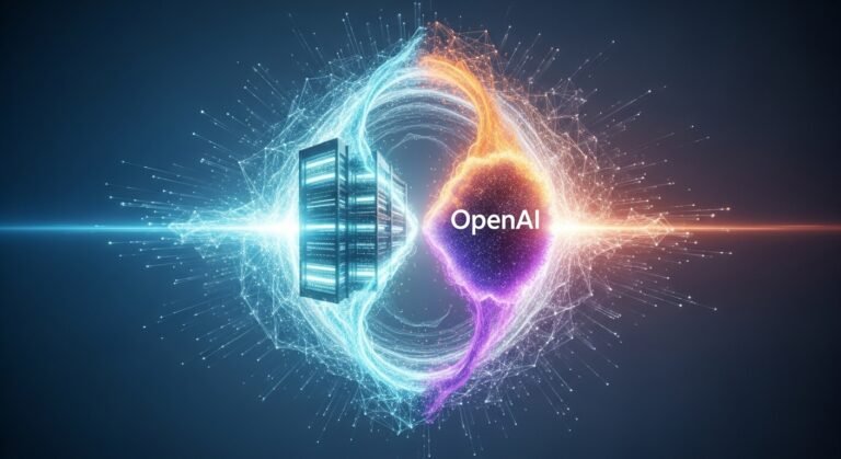 A visual representation of Microsoft and OpenAI logos, with financial data charts illustrating a $500 billion valuation target and the shifting dynamics of their AI partnership.